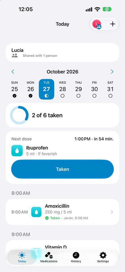 Today screen with the next dose and the day's progress