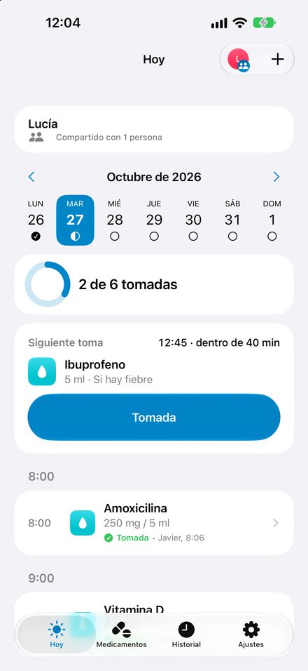 Pantalla Hoy con la siguiente toma y el progreso del día